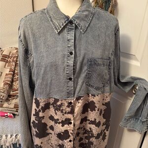 Two-Tone Denim & Printed Button-Up Tunic Dress